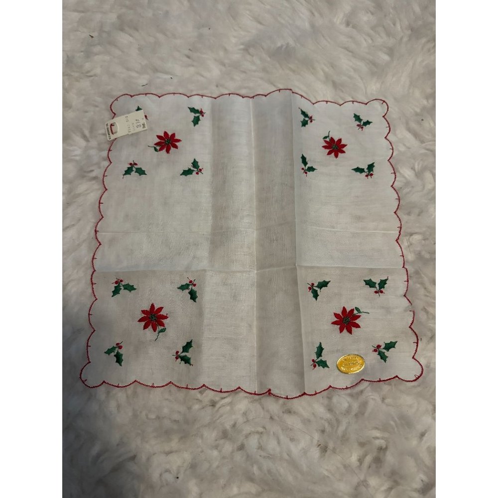 Vintage NOS Christmas Holiday Hankie Handkerchief Poinsettia Holly Switzerland